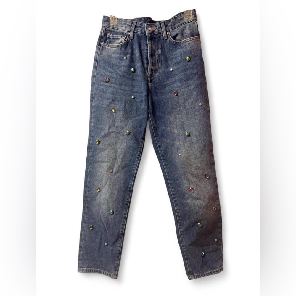 H&M Vintage Fit High Waist Gemstone Embellished Jeans Straight Leg 28